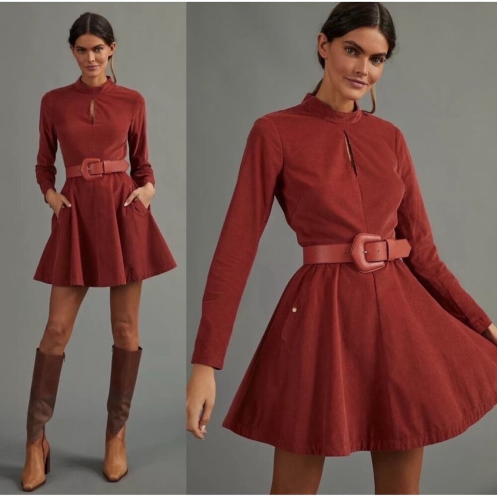 NEW Anthropologie Maeve Corduroy Fit & Flare Mini Dress Orange Size 2 Women's
